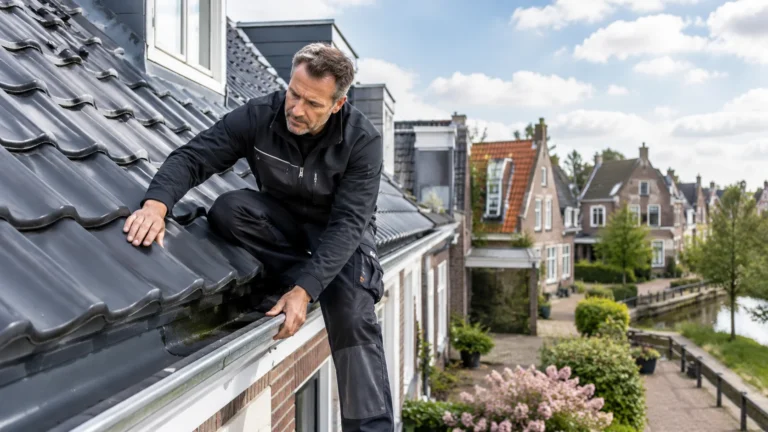 Dakdekkers controleren dakpannen en dakgoot om vakwerk, service en betrouwbare dakzorg te beoordelen