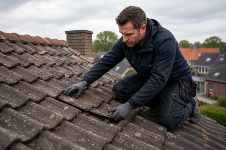 Dakdekker inspecteert dakpannen tijdens periodieke dakzorg om lekkages en dakschade te voorkomen