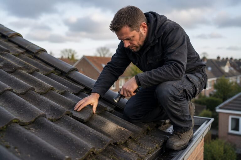 Dakdekker controleert dakpannen en dakconstructie om beginnende schade en lekkages vroegtijdig op te sporen.