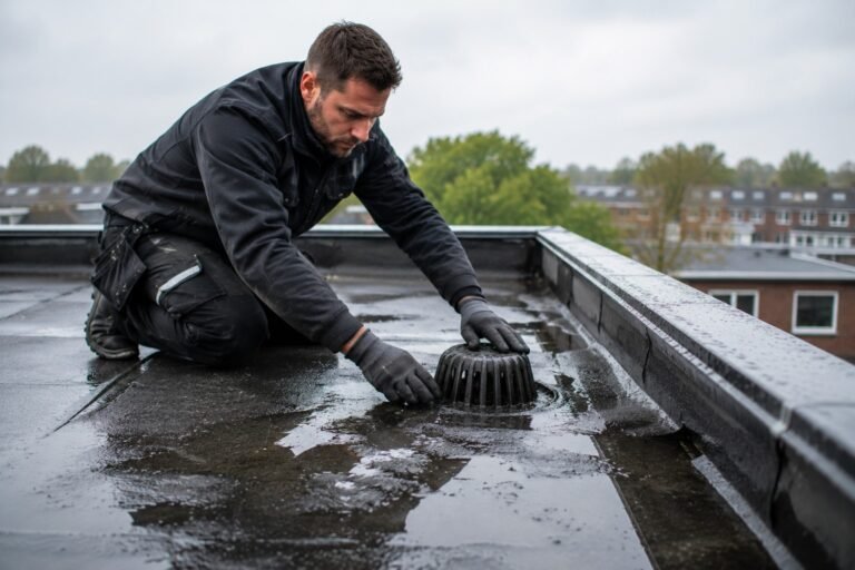 Dakdekker Almere controleert afvoer en waterophoping op een plat dak om stormschade en lekkages te voorkomen