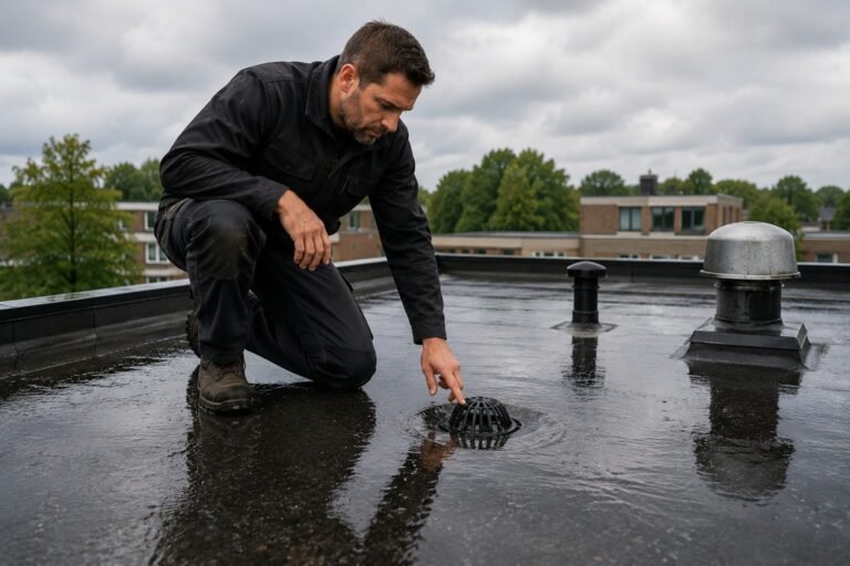 Dakdekker Almere inspecteert een plat dak en afvoer om schade door regen, wind en hitte te voorkomen.