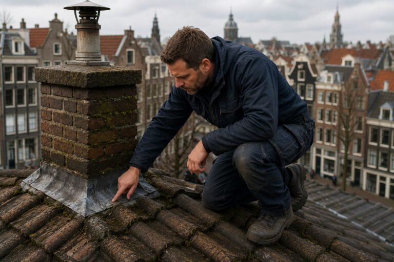 Dakdekker Amsterdam controleert loodwerk, dakpannen en aansluitingen op een ouder stadsdak om vochtproblemen te voorkomen.