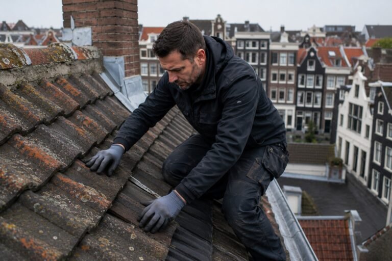 Dakdekker Amsterdam inspecteert een ouder stadsdak om slijtage, lekkages en stormschade vroegtijdig te herkennen