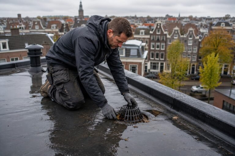 Dakdekker Amsterdam controleert een plat stadsdak op afvoer, vochtproblemen en slijtage door weersinvloeden.