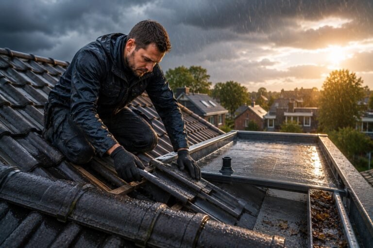 Dakdekker Eindhoven controleert een dak op stormschade, waterafvoer en dakpannen voor een weerbestendig dak.