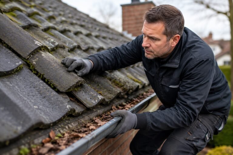 Dakdekker Hilversum inspecteert versleten dakpannen en een vervuilde dakgoot om slijtage vroegtijdig te herkennen