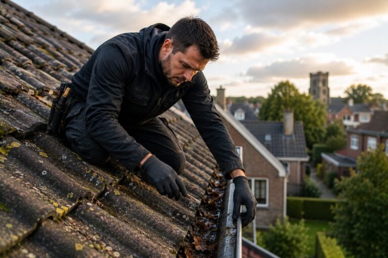 Dakdekker Nijmegen controleert dakgoten en dakpannen tijdens preventief dakonderhoud voor een sterk en zuinig dak.