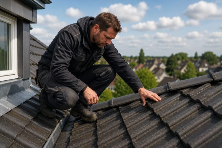Dakdekkers inspecteren een pannendak om de kwaliteit, slijtage en onderhoudsbehoefte van het dak te beoordelen.
