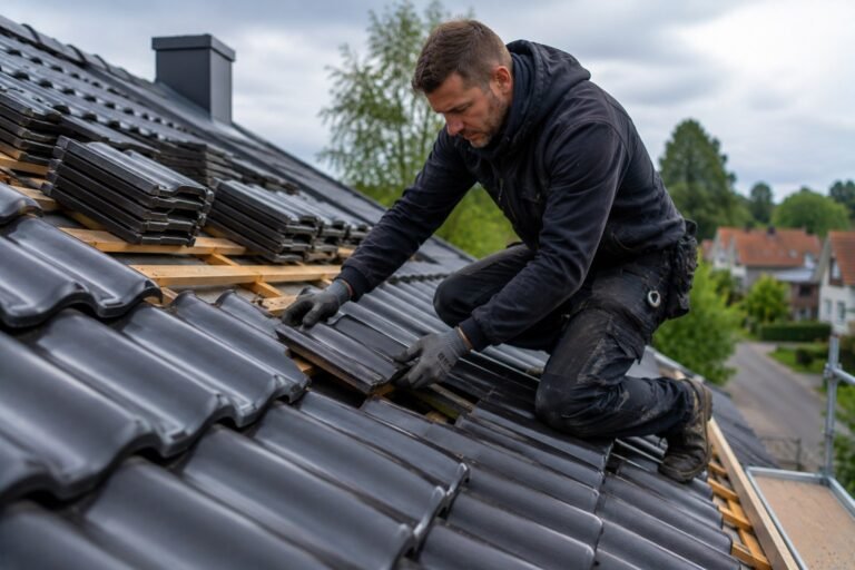 Dakdekkers werken aan een pannendak en controleren materialen, afwerking en onderhoud voor een duurzaam resultaat.