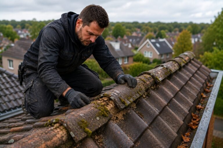 Dakdekker Hilversum controleert dakpannen, nokvorsten en dakgoot tijdens een professionele dakinspectie.