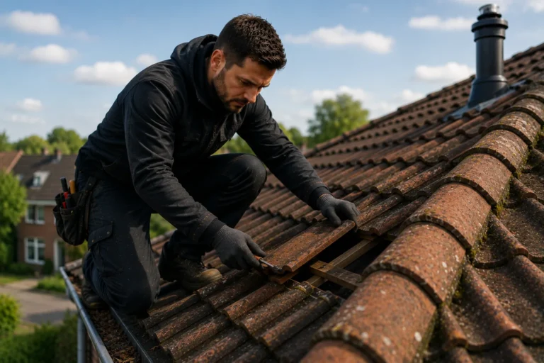 Dakdekker controleert dakpannen tijdens professioneel dakonderhoud