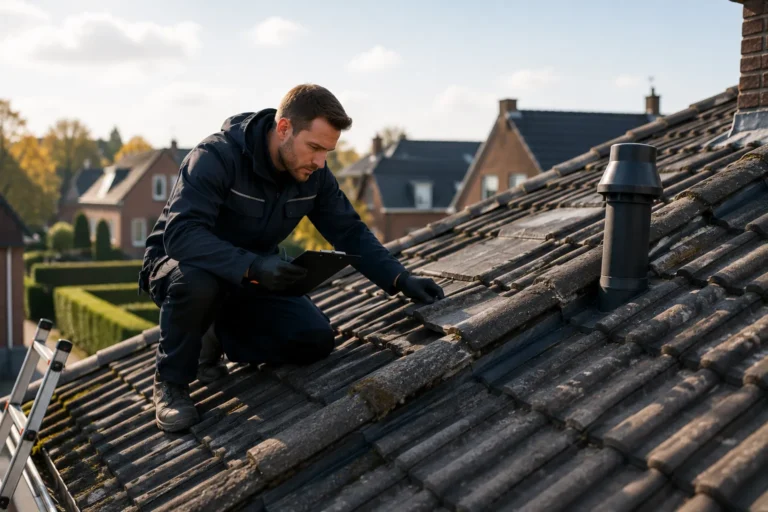 Dakdekker voert preventieve dakcontrole uit op een hellend dak