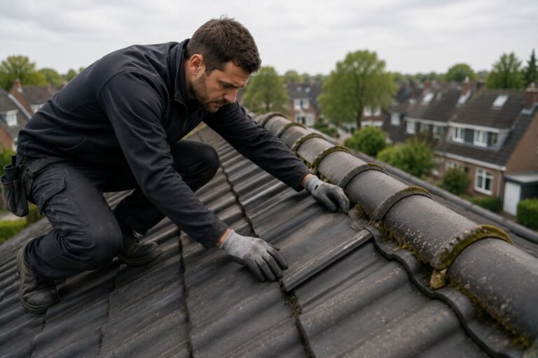 Dakdekker inspecteert een pannendak tijdens professioneel dakonderhoud om lekkages te voorkomen.