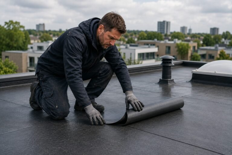 Dakdekker Almere inspecteert een plat dak tijdens professioneel onderhoud voor blijvende waterdichtheid.