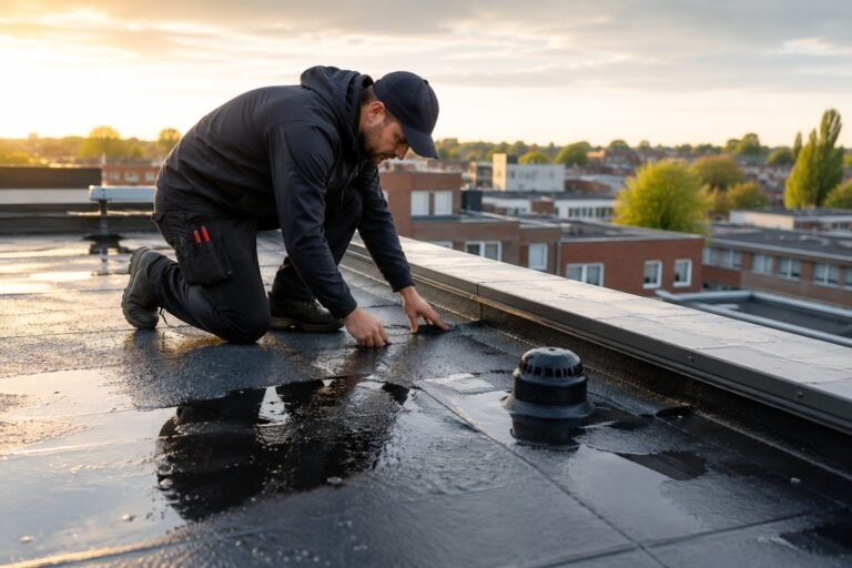 Dakdekker Almere controleert een plat dak op stilstaand water, dakbedekking en windschade.
