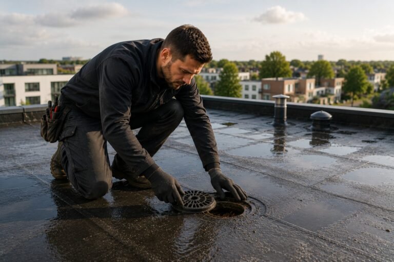 Dakdekker Almere controleert een plat dak en de afvoer voor blijvende waterdichtheid