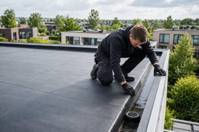 Dakdekker Almere inspecteert een plat dak om regen, wind, slijtage en lekkages tijdig te voorkomen