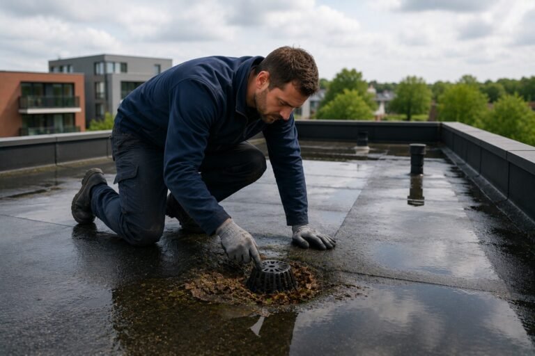 Dakdekker Almere controleert de afvoer van een plat dak tijdens professioneel dakonderhoud.