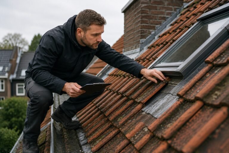 Dakdekker Amersfoort inspecteert een pannendak om verborgen dakschade vroeg op te sporen.