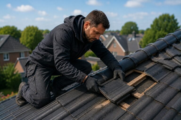 Dakdekker Ammerzoden voert professioneel onderhoud uit aan een pannendak tijdens een dakinspectie.