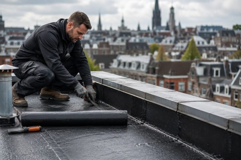 Dakdekker Amsterdam inspecteert een plat stadsdak om lekkages en slijtage te voorkomen.