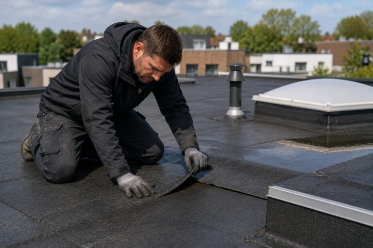 Dakdekker Amsterdam inspecteert een plat dak tijdens professioneel dakonderhoud om lekkages te voorkomen.