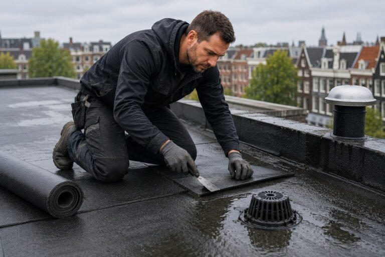 Dakdekker Amsterdam controleert een plat stadsdak op waterophoping, dakbedekking en afvoerpunten.