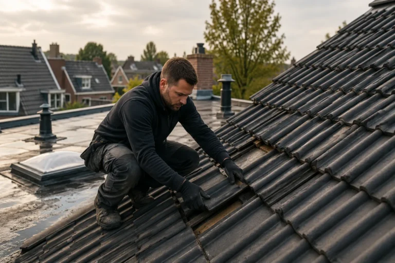 Dakdekker Amsterdam inspecteert een schuin dak tijdens preventief onderhoud om lekkage te voorkomen