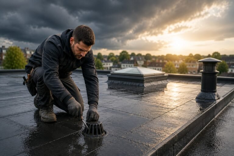 Dakdekker Eindhoven controleert een plat dak voor bescherming tegen extreem weer