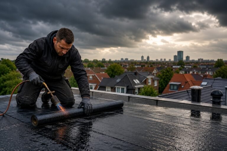 Dakdekker Eindhoven voert onderhoud uit aan een plat dak om bescherming te bieden tegen extreem weer.