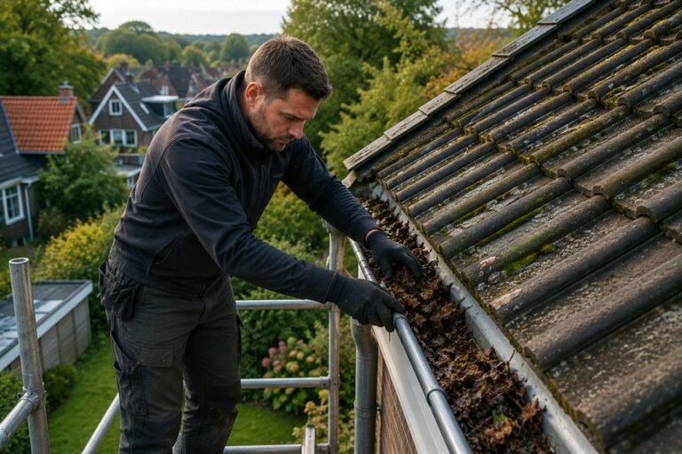 Dakdekker Hilversum reinigt een dakgoot en controleert dakpannen om lekkages en dakproblemen te voorkomen