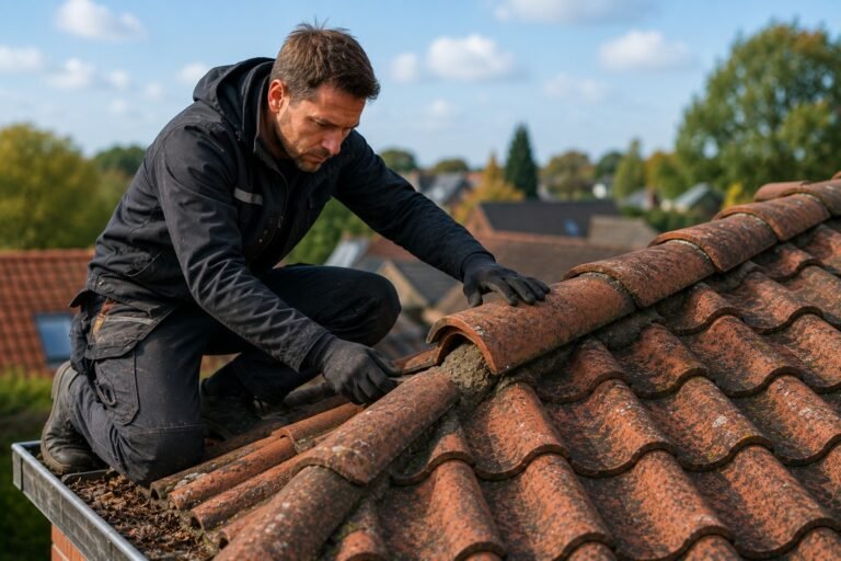 Dakdekker Hilversum inspecteert dakpannen en nokvorsten tijdens professioneel dakonderhoud.