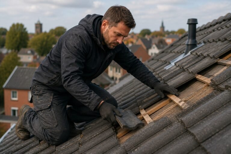 Dakdekker Nijmegen voert onderhoud en renovatie uit aan een hellend dak tijdens een professionele dakinspectie.