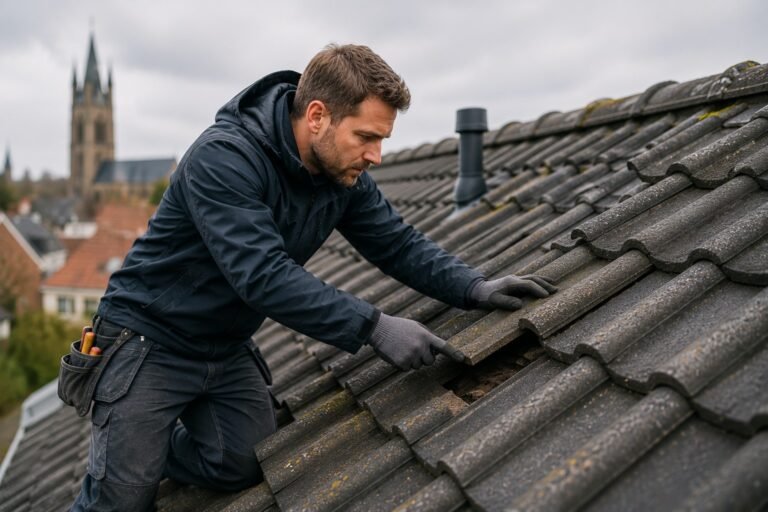 Dakdekker Utrecht inspecteert dakpannen tijdens een professionele dakcontrole om beginnende dakproblemen op te sporen.