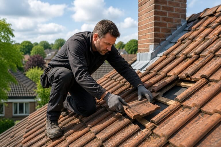 Dakdekker Ammerzoden voert een professionele dakreparatie uit op een pannendak tijdens onderhoud en inspectie.