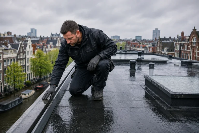 Dakdekker Amsterdam inspecteert een plat dak en controleert afvoeren, dakranden en dakbedekking op slijtage en lekkages.